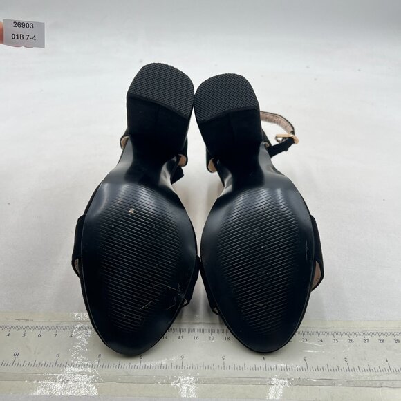 FSJ Black-suede Chunky High Heel Sandals Open Toe Ankle Strap Single Band Shoe - Picture 7 of 8